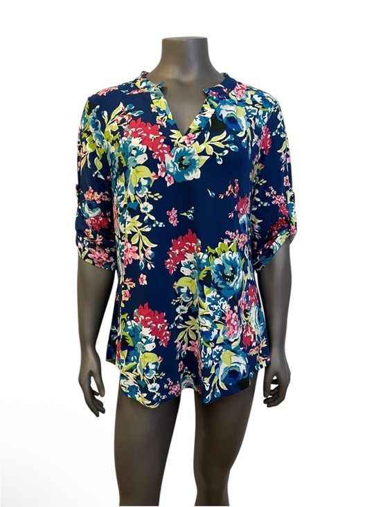 Othyroce Tops - Othyroce Blouse Woman’s 1X Blue Floral Roll Up Sleeve Pleated Back Colorful Work